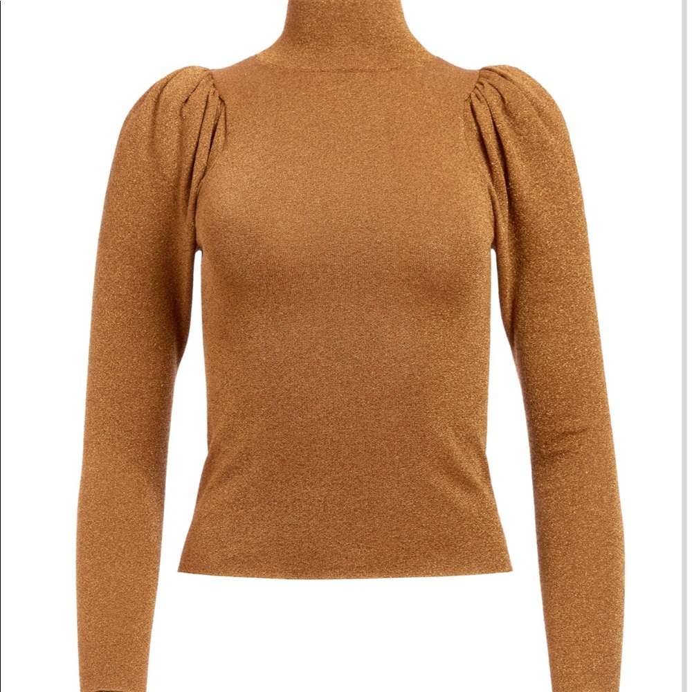 Alice + Olivia ISSA METALLIC PUFF SLEEVE TURTLENECK